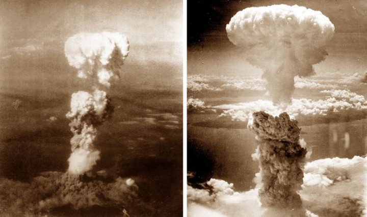 Bom atom membentuk awan jamur di Hiroshima (kiri) and Nagasaki (kanan). Sumber: bbc.com/GETTY IMAGES