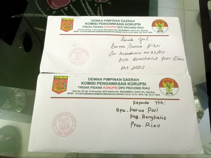 Surat dari DPD KPK yang masuk di Kantor PWI Kab Bengkalis
