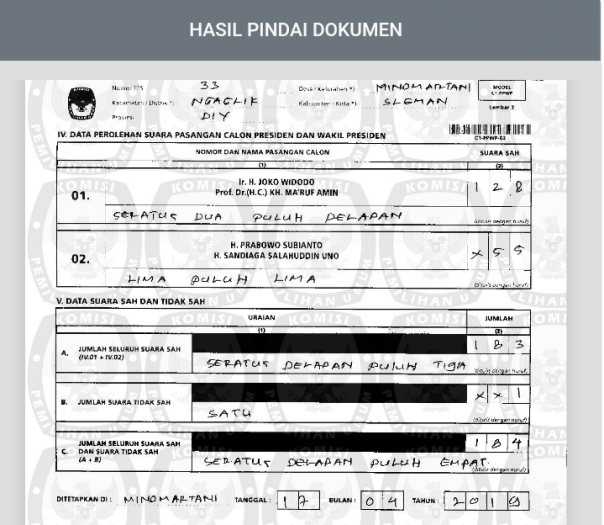 Hasil scan C1 perolehan suara Jokowi-Maruf Amin dengan Prabowo-Sandi