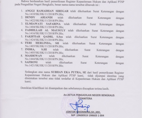 Calon anggota KPU Bengkalis yang teregistrasi di PN Bengkalis/hari