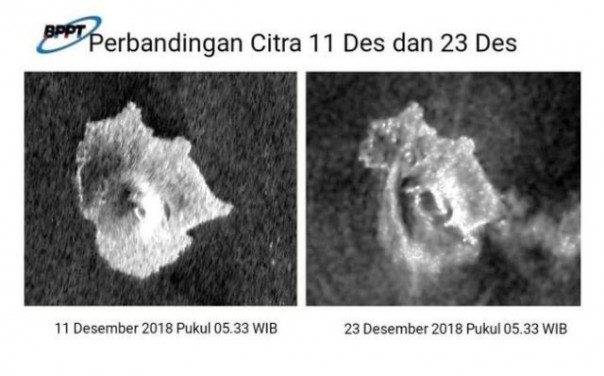 Foto satelit Citra yang menunjukkan adanya pengurangan pada permukaan Gunung Anak Krakatau pada bagian Selatan, atau pada bagian kiri gambar. Foto: int 