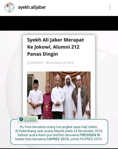 Posting Syekh Ali Jaber soal meme hoax dirinya dukung Jokowi