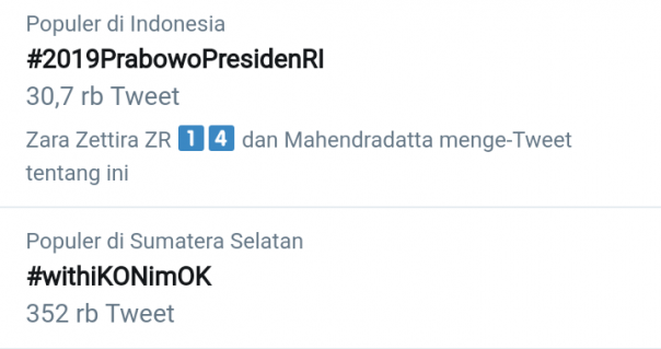 Tagar #2019PrabowoPresidenRI trending topik di Twitter