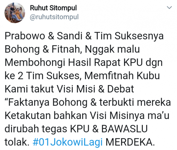 Kicauan Ruhut Sitompul tentang dia menuding Prabowo-Sandi sebagai pembohong