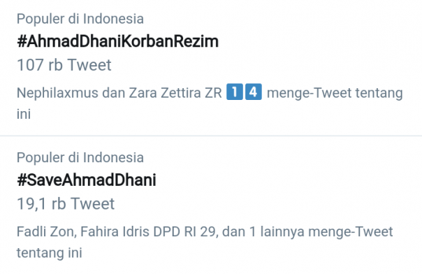 Dua tagar tentang Ahmad Dhani Trending Topik di Twitter