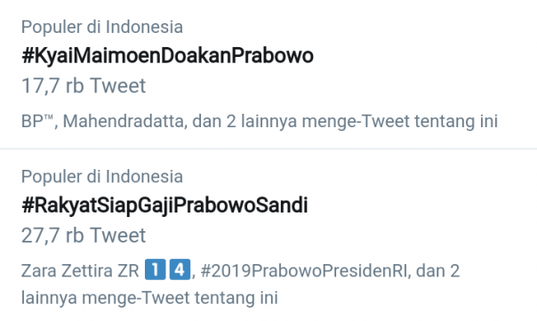 Tagar #KyaiMaimoenDoakanPrabowo trending topik di Twitter