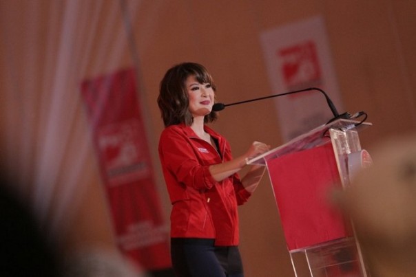 Ketua Umum PSI Grace Natalie ketika menyampaika pidato politik di Yogyakarta, baru-baru ini. Foto: int 