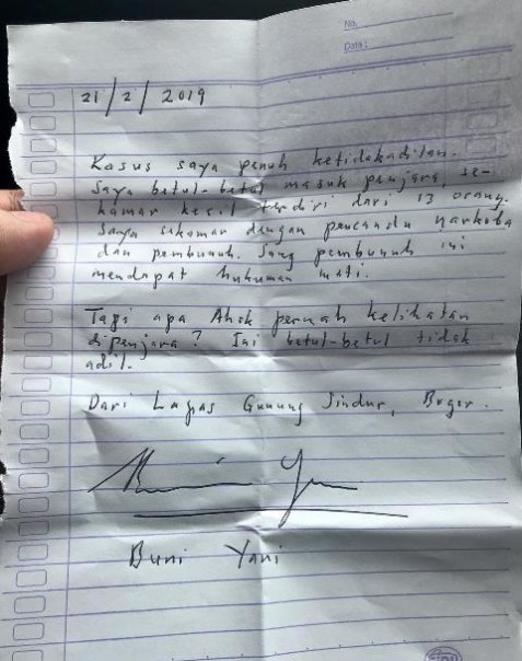 Surat yang ditulis Buni Yani dari Lapas Gunung Sindur. Foto: int 