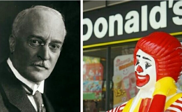 Rudolf Diesel (kiri) dan badut ikon McDonald's (kanan) 