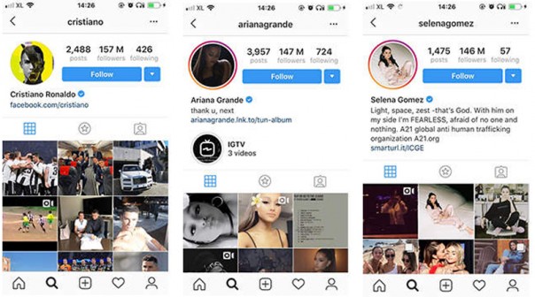 Akun instagram Ronaldo, Ariana dan Selena
