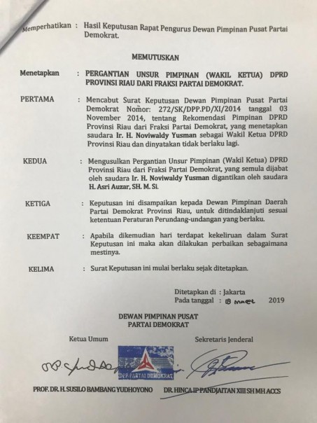 Foto SK Pergantian Noviwaldy Jusman menjadi wakil ketua DPRD Riau