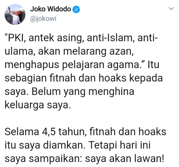 Cuitan Jokowi soal lawan fitnah yang ditujukan kepadanya