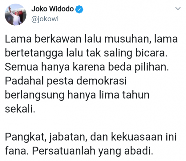 Cuitan Jokowi terkait perbedaan saat pilpres