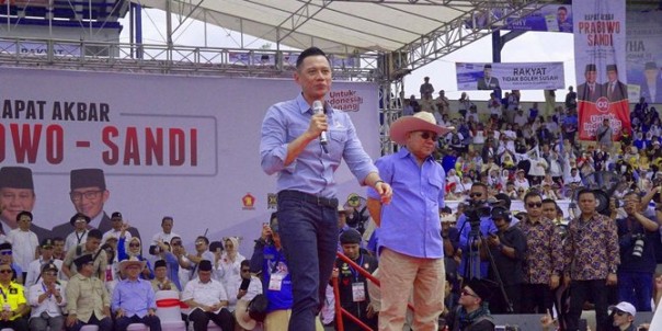 AHY ikut tampil sebagai juru bicara saat  kampanye calon presiden Prabowo Subianto di Bandung, Kamis kemarin. Foto: int 