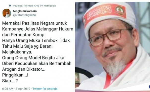 Kicauan Ustaz Tengku Zulkarnain menuai pro dan kontra (foto/twitter)