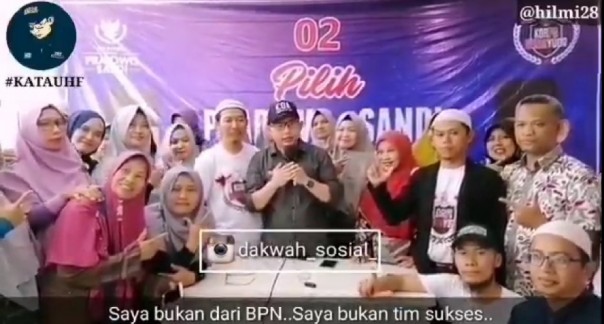 Tangkapan layar deklarasi Ustaz Hilmi Firdausi mendukung paslon nomor urut 02 Prabowo-Sandi