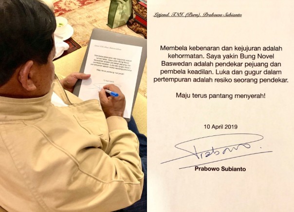 Foto Prabowo Subianto saat memberikan tanda tangan pesan yang disampaikannya kepada Novel Baswedan