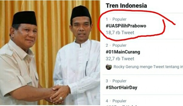 Tagar Ustaz Abdul Somad pilih Prabowo viral di Medsos (foto/twitter)