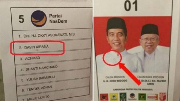 Surat suara Caleg dari Nasdem Davin Kinara dan Capres Petanaha Jokowi-Maruf Amin yang sudah di coblos