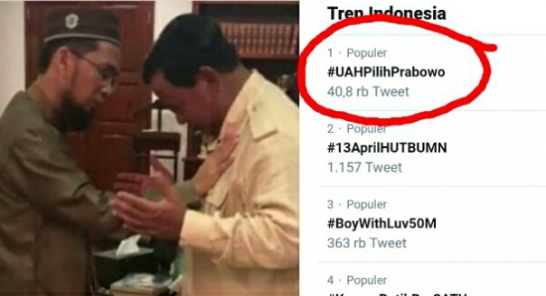 Tagar Ustaz Adi Hidayat dukung Prabowo jadi trending topik (foto/int)