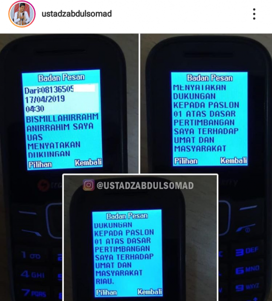 Bunyi sms tentang Ustaz Abdul Somad dukung kubu 01 dari nomor handphonenya yang dibajak