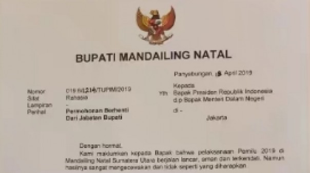 Surat Pengunduran Diri Bupati Mandailing Natal, Dahlan Hasan Nasution yang viral di media sosial