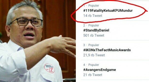 Netizen ramai tulis tagar 119 Fatality Ketua KPU Mundur dan jadi trending topik (foto/int)