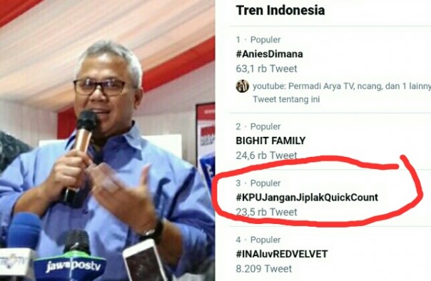 Netizen lambungkan tagar KPU Jangan Jiplak Quick Count hingga trending (foto/int)