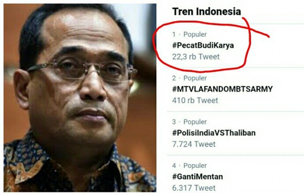 Netizen lambungkan tagar pecat Budi Karya jadi trending topik (foto/int)