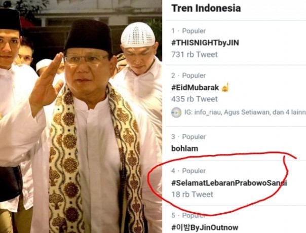 Tagar Selamat Lebaran Prabowo Sandi jadi trending di medsos (foto/int)