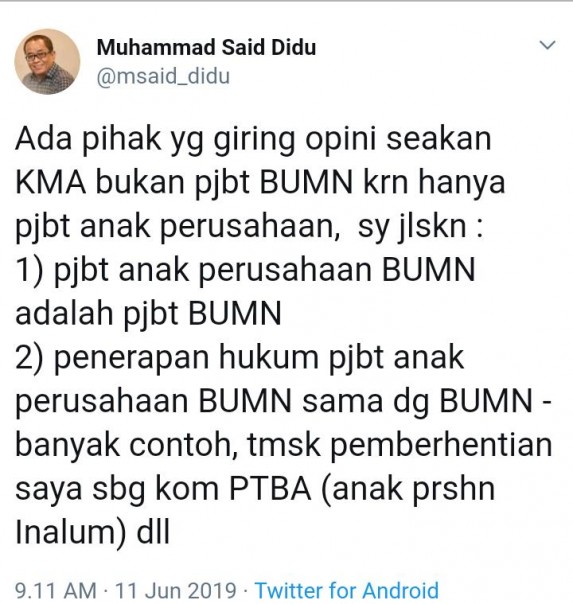 Postingan Muhammad Sadi Didu di akun twitternya