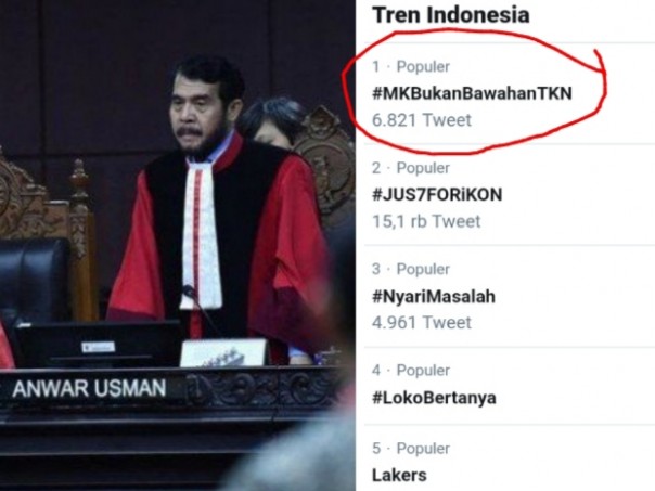Tagar #MKBukanBawahanTKN jadi trending topik di Indonesia (foto/int)