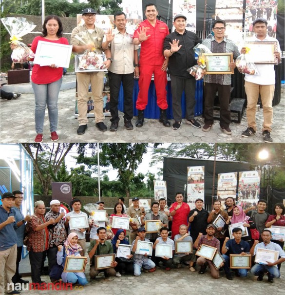 Para pemenang dan nominator LKJ PWI Riau bekerjasama dengan Kementerian LHK foto bersama Ketua PWI Riau, Korwil Manggala Agni Riau Edwin Putra dan Dewan Juri./IST