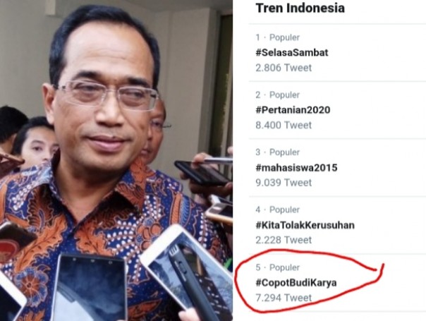 Netizen kembali kritisi Menhub Budi Karya dan lambungkan tagar #CopotBudiKarya (foto/int)