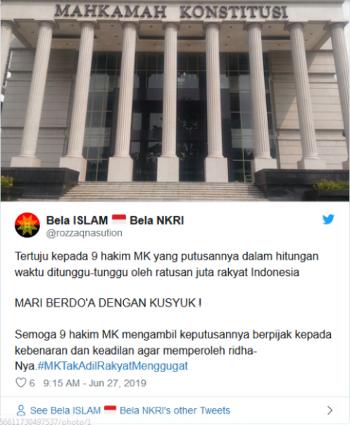 Salah satu postingan dalam Twitter dengan tagar #MKTakAdilRakyatMenggugat, yang muncul sebelum sidang di MK dimulai. Foto: int 