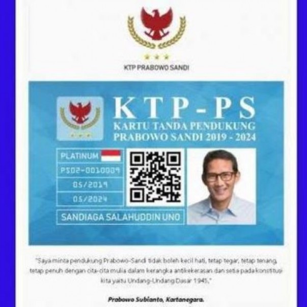 Begini penampakan model KTP Prabowo-Sandi yang tengah viral di jaringan media sosial.  Foto: int 