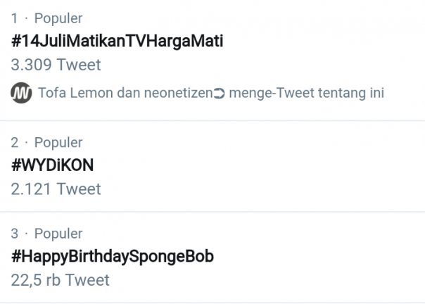 Tagar #14JuliMatikanTVHargaMati trending topik di Twitter jelang pidato Jokowi sebagai Presiden Terpilih