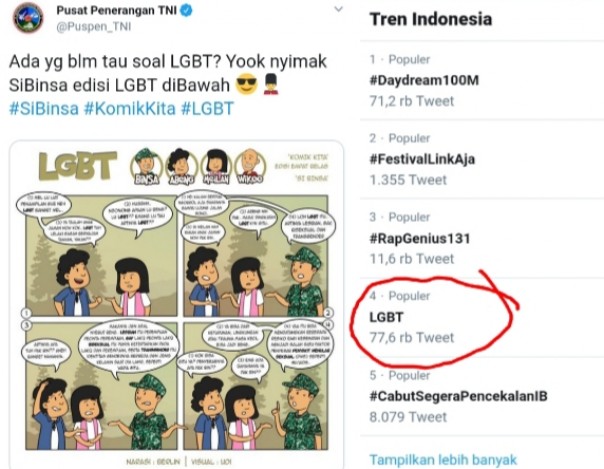 Puspen TNI di twitter bagikan komik bahas LGBT dan menjadi salah satu faktor penyebab HIV dan AIDS (foto/int)