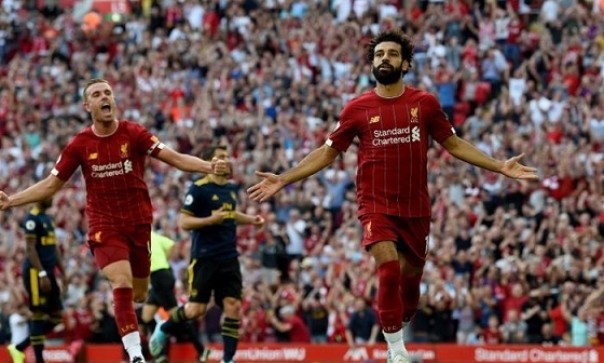 Striker Liverpool Mohamed Salah merayakan golnya ke gawang Arsenal. Foto; int 
