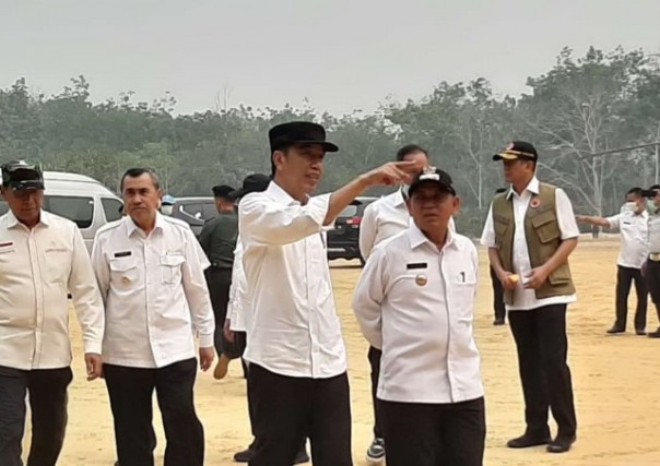 Bupati Pelalawan HM Harris mendampingi Presiden Jokowi saat meninjau lokasi Karhutla di Merbau. Foto: ardi 