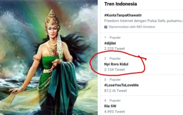 Nyi Roro Kidul jadi trending topik di twitter gara-gara seorang paranormal yang mengaku tokoh mistis itu ikut menjaga pelantikan Jokowi-Maruf Amin (foto/int)