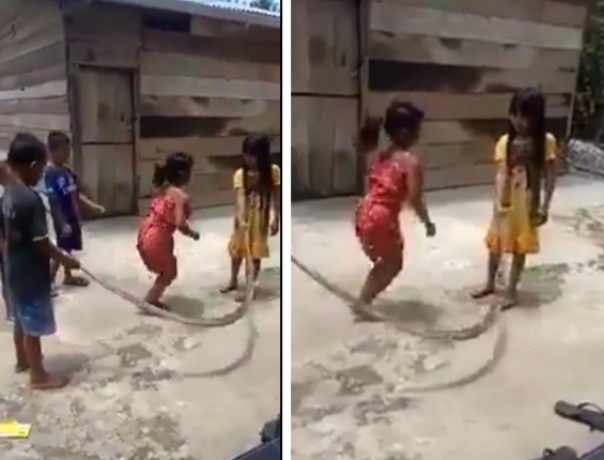 Viral video anak-anak main lompat tali pakai ular (foto/int)