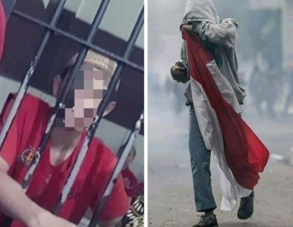 Netizen lambungkan tagar #BebaskanLuthfi pelajar STM yang bawa bendera merah putih saat menghindari gas air mata dari polisi (foto/int)