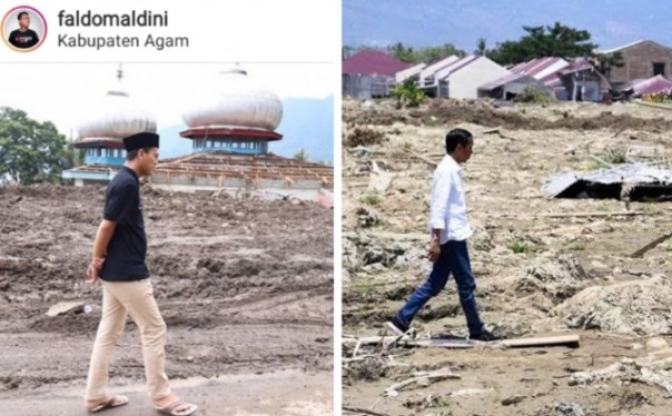 Gaya Faldo Maldini meninjau lokasi bencana dibandingkan netizen dengan gaya Presiden Jokowi (foto/int)