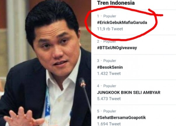 Erick Thohir copot Dirut Garuda Indonesia dan nama Menteri BUMN jadi trending topik (foto/int)