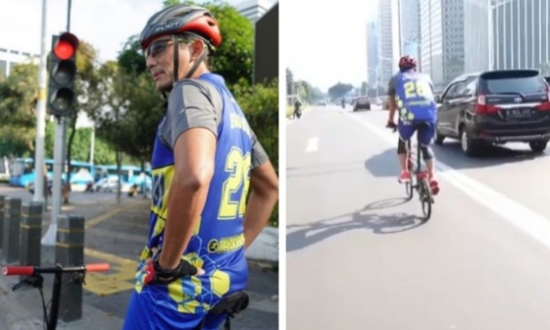 Sandiaga Uno memakai sepeda (foto/int)