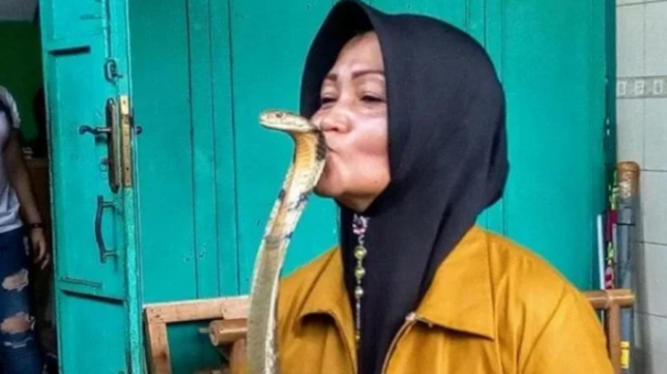 Iin mencium salah satu ular King Kobra yang dipeliharanya. Foto: int 