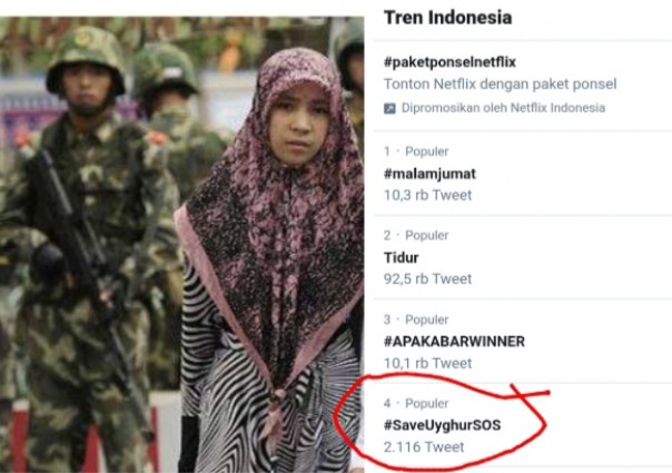 Netizen Indonesia kompak lambungkan tagar #SaveUyghurSOS hingga jadi trending di twitter (foto/int)