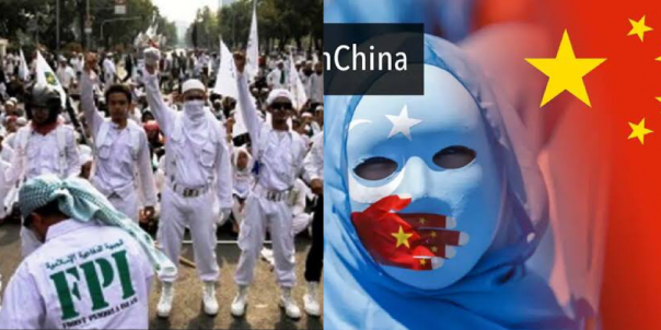 Kolase foto Demo FPI dan ilustrasi Muslim Uighur