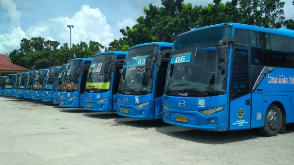 Puluhan bus Trans Metro Pekanbaru Madani terparkir rapi di terminal AKAP. (Foto. Amri/Riau24Group)